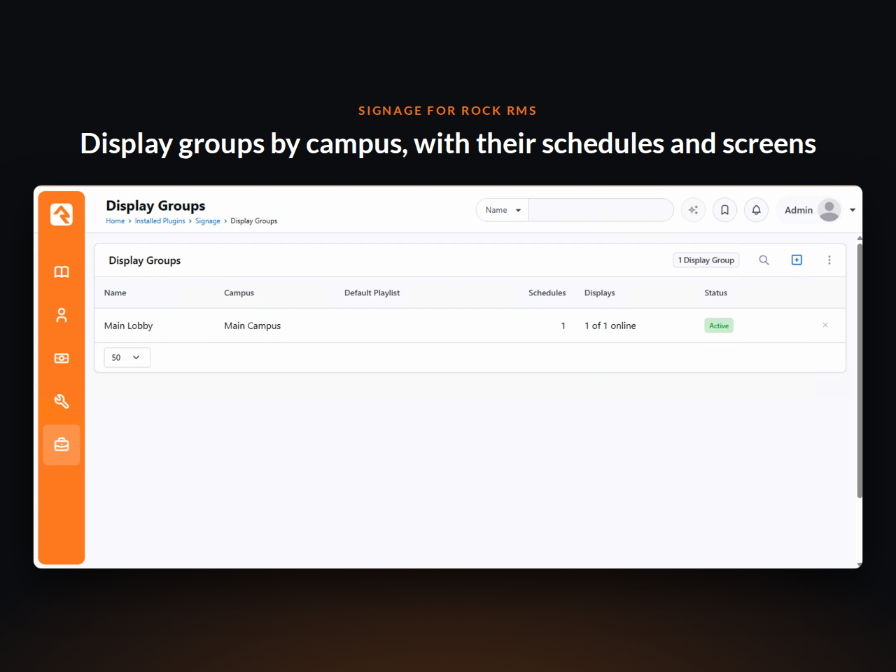 Display groups by campus, with their schedules and screens